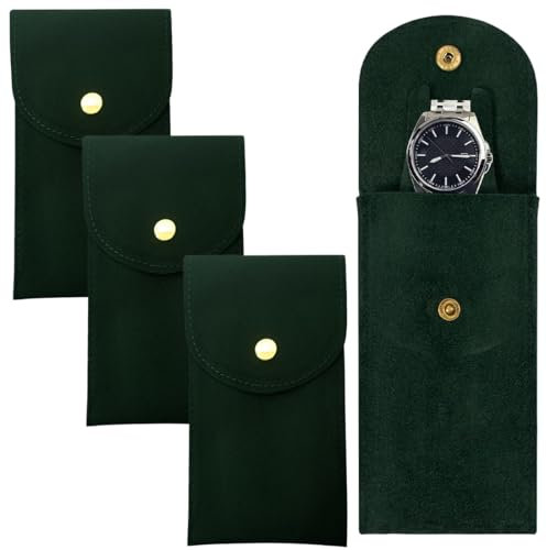 XYTAHDM 3 Pezzi Custodia per Orologio da Viaggio Portatile Orologio Sacchetto, Stoccaggio Orologio Borsa con Bottone A Pressione custodia resistente per Gioielli per viaggi all'aperto (Verde Scuro)