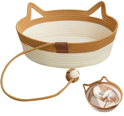 WUMEIJIAJU Cotton Rope Cat Bed Basket, Woven Cat Bed with Scratching Ball Toy, Sleeping Nest Scratcher Mat for Kitten Puppy Small Cats & Dogs, Medium
