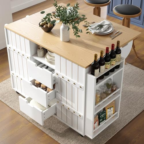 PUGSDRLY Desserte Cuisine à roulettes,Buffet Cuisine de Rangement avec Plateau de Table Pliable,3 Tiroirs et 2 Portes coulissantes,Espace de Rangement Multifonctionnel,avec Porte Serviettes (Blanc-A)