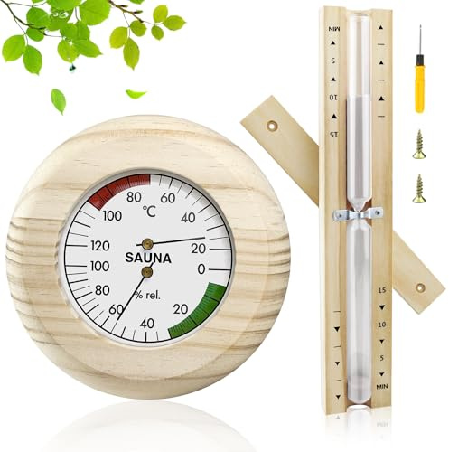 BITEFU Termómetro higrómetro para sauna, termómetro higrómetro de madera, reloj de arena, sauna, temporizador, 15 minutos, reloj de arena, sauna, accesorios para sauna, reloj de arena