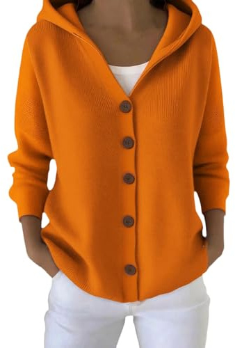Jumper for Women Button Down Cozy Hooded Knitted Cardigan Autumn Winter Plain Outerwear(Orange, S)