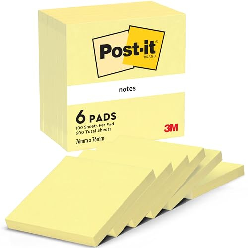 Post-it Notes Self Adhesive, Canary Yellow, 6 Pads, 76 mm x 76 mm, 100 Sheets per Pad - Extra Sticky Notes for Walls, Monitors and Fridge