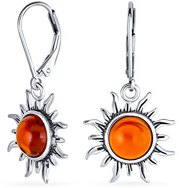 Pendientes colgantes redondos de ámbar coñac miel genuino con diseño de sol naciente en la playa para luna de miel tropical para mujeres, cierre de palanca, plata de ley oxidada .925.