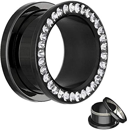 Treuheld® | 6mm Kristall Ohr Flesh Tunnel | Schwarz mit klaren Glitzer - Zirkonia - Steinen | Chirurgenstahl | Gewinde Schraubverschluss | Damen