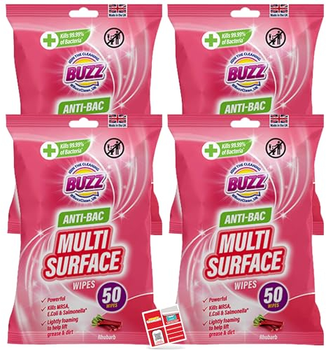 Buzz 200pk Anti-Bac Multisurface Wipes, 18cm x 19cm Rhubarb Scented Cleaning Wipes for Kitchen, Home & Office Surfaces, Multi-Purpose Surface Cleaner, Streak-Free, Quick-Drying, Remove Grease & Dirt
