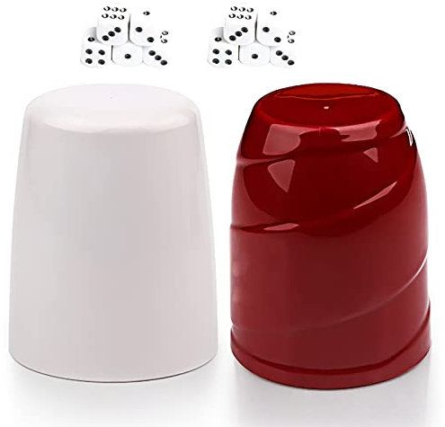 Lot de 2 gobelets à dés en plastique avec 10 dés rouges et blancs