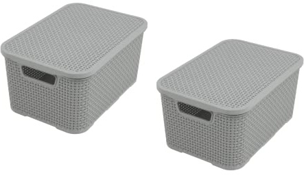 BranQ - Home essential Set of 2 Plastic Rattan Baskets with Lids made of Polypropylene, Light Grey, Size S (7 Litres)