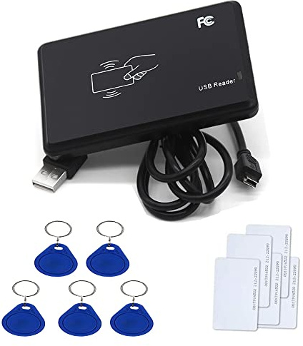 YAVIS RFID Reader IC Kartenlesegerät Berührungslose 14443A Kartenleser Card Reader mit USB Schnittstelle + 5pcs x 13.56MHz RFID Chip Transponder Schlüssel-Anhänger Key fobs + 5pcs Cards