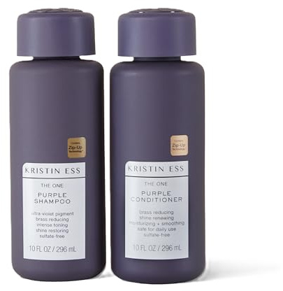 Kristin Ess Hair Purple Shampoo and Conditioner Set for Blonde, Brunette, Silver + Gray Hair, Anti Brass + Yellow Tones, Safe for Color Treated Hair, Sulfate Free Toning Shampoo Conditioner