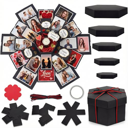 Koogel Explosion Geschenkbox, Handgemachtes Explodierendes Fotoalbum Vormontierte Überraschung Bild Pop Up Love Box mit Kreative DIY Scrapbooking Zubehör für Jahrestag Geburtstag Hochzeit