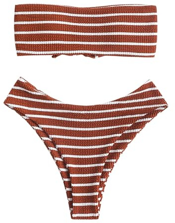 ZAFUL Women Strapless Ribbed High Cut Bandeau Bikini Lace Up 2 Pieces Swimwear(6-Coffee,L)
