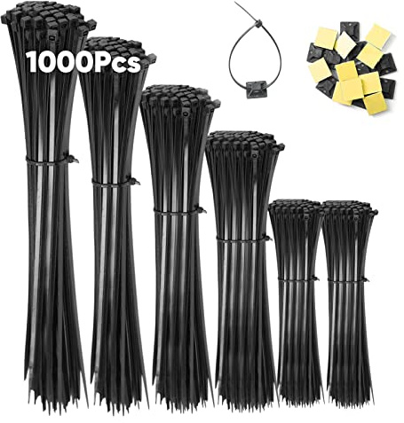 1000 Stück Kabelbinder Schwarz Set,100/150/200/250/300mm Und 20 Klebesockel | Highwings Nylon Verschiedene Größen Super Haltbar Selbsthemmend Kabelbinder für Kabelmanagement,Gartenarbeit,Werkstätten