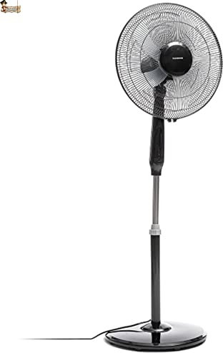 BricoLoco.com Ventilador de pie con mando a distancia y temporizador. 40 cms. Silencioso y de bajo consumo. Oscilante con altura y ángulo regulables. 5 aspas.
