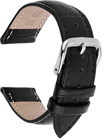 TIESOME Bracelet de montre en cuir, bracelet de remplacement en cuir de veau, bracelet à boucle en acier inoxydable pour hommes et femmes (noir 20mm)
