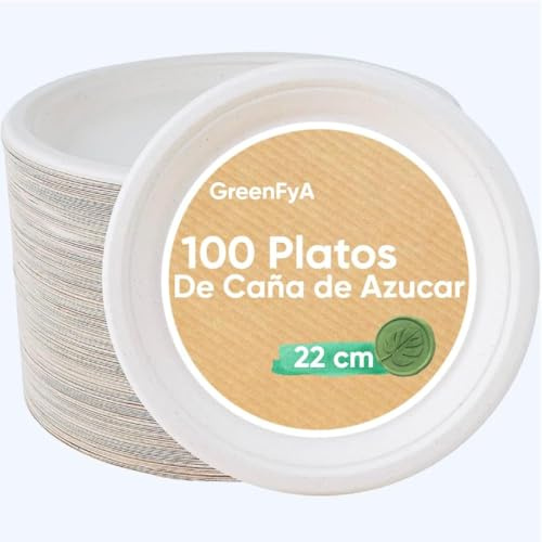 GreenFyA Platos Desechables de Caña de Azúcar Resistentes, 100% Biodegradables (100, 22cm.)