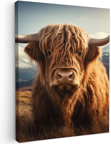 MuchoWow© Wandbilder Schlafzimmer Home Deko Wohnung Bild Wohnzimmer | 30x40 cm - Fotoleinwand Wand Bilder Leinwand Wall Decor Schottische Hochlandrind - Kuh - Hörner - Berge - Landschaft