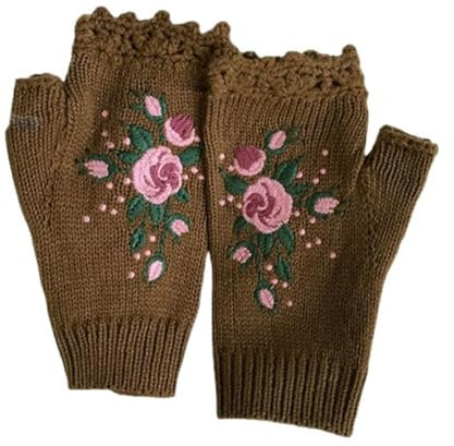 Handbestickte Handschuhe, Fingerlose Blumenhandschuhe Damen, Gestrickte Blumen Fingerlose Handschuhe, Kurzer Gestrickte Fäustlinge, Fingerlose Handwärmer, Damen Winter Armstulpen Handschuhe (Braun)