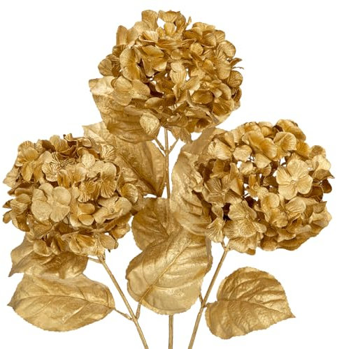 Oairse 3 Pcs Christmas Gold Artificial Hydrangea Flowers 68cm Fake Flower Floral Arrangements Bouquets Faux Hydrangea Stems for Christmas Decoration Wedding Party Centerpieces