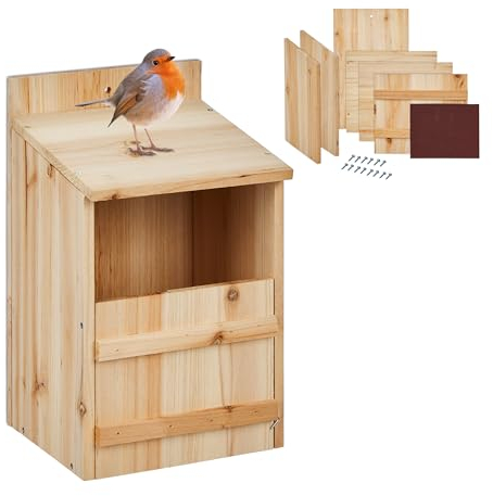 Relaxdays Kit Caja Nido para Pájaros de Nicho, DIY, Casa Anidación Aves Silvestres, 10x19 cm, Madera, Colgante, Natural, Poliéster