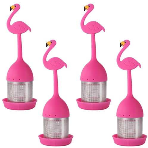 4er-Set Teesieb für Losen Tee, Tee-Ei aus Edelstahl und Silikon, Tea Filter Sieb mit Deckel und Untersetzer, Feiner Teefilter Teekugel Teesieb für Teekanne, Becher, Tasse (Flamingo)