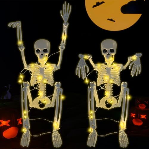 TOPJOWGA 2 Stück 40cm Bewegliche Halloween-Skelett, Leuchtendes Skelett Halloween, Bewegliche Ganzkörper-Gelenkskelette, Halloween Skelett Deko für Spukhaus-Requisiten Friedhofsdekorationen