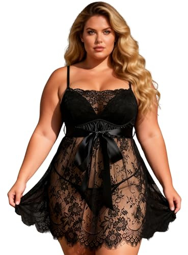 ohyeahlady Negligee Push Up Dessous Damen Sexy Reizwäsche Curvy Unterwäsche Große Größen Babydoll Lingerie für Mollig Frauen Spitze Nachtwäsche V-Ausschnitt Nachthemd Nachtkleid Schwarz,XL