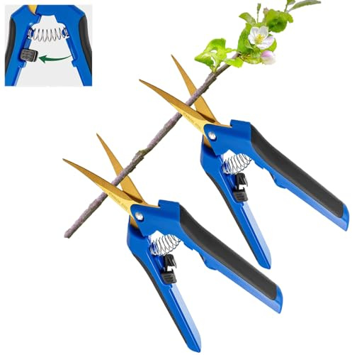 2 Stück Trimmschere Hanf, Ernteschere Schere,pflanzenschere,bonsai Schere, Grow Zubehör, Trimmschere Gebogen, Für Garten BonsaiBlumen Pflanzen Ernte Obst Blumenstrauß Rosenschere (Blau)