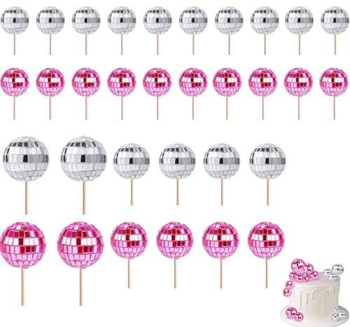 32 PCS Mini Disco Balls Cake Toppers, Disco Cake Decorations for 70s Theme Birthday Party (Pink)