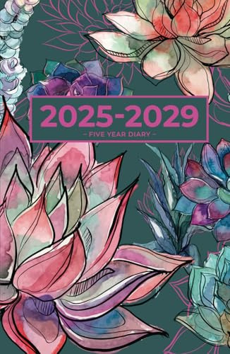 5 Year Diary 2025-2029 | A5 Gorgeous Vibrant Succulent Garden (Hardcover): Month to View Planner with UK Holidays, Vision Board, Moon Phases, Birthdays & Celebrations, Contacts, Passwords (Five Years)