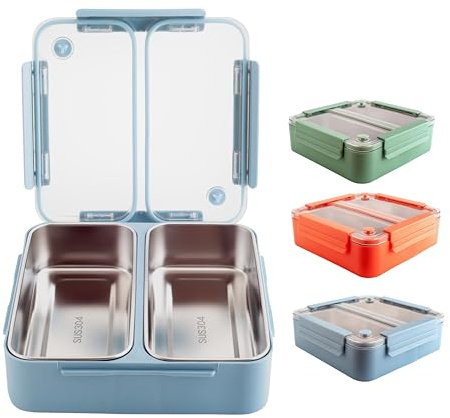 xxonyx Bento Lunch Box 1100ml for Adults and Kids Large Capacity with Two Stainless Steel Compartments Leakproof Lunchbox for Work and School Prepare Meal Container (blue)
