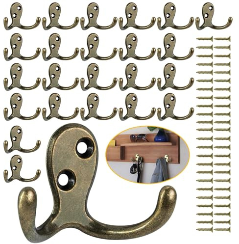 Homanu 24 Stück Kleiderhaken, robuste Doppelzinken-Kleiderhaken, Wandmontage mit 48 Schrauben, kein Rost, antikes Messing, Metall-Wandhaken zum Aufhängen von Handtuch, Mantel, Tasche, Hut, Tasse,