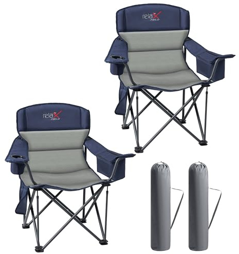 RELAX FIELD 2-pack överdimensionerad hopfällbar campingstol, bär 200 kg, vaddad med kopphållare och kylväska, slitstark stålram, bärväska inkluderad, ideal för balkong, fiske, strand,blå