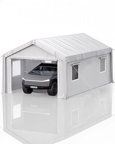 Hipicute Garaje portátil de 10 x 20 x 10 pies, cochera resistente con paredes laterales de 180 g, puertas delanteras y traseras, refugio de coche para camiones, barcos y SUV, color blanco