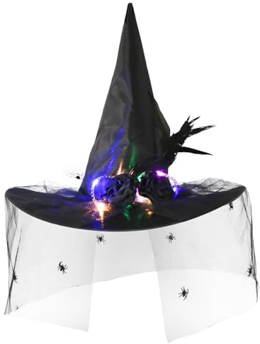 Hexenhut Damen, Witch Hat mit Schleier, Rosen und Federn, Spitzes Hexen Hut Schwarz, Zauberhut Erwachsene als Hexe Kostüm Accessoire für Halloween, Karneval, Kostümpartys (Nicht Leuchtend/Leuchtend)
