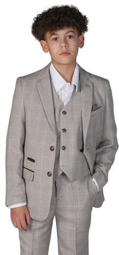 Elegant Boys 3 Piece Check Tweed Beige Suit - Vintage Tailored Fit for Pageboy, Weddings & Formal Events Sizes 13 Years UK
