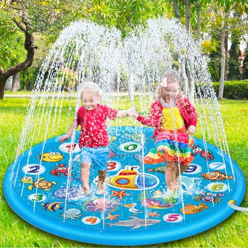 Chennyfun Tappetino Gioco d'Acqua per Bambini, 170cm Aumento Antiscivolo Splash Pad, Spruzza la piscina con giochi d'acqua, Giocattolo per tappetino spray da giardino per giochi all'aperto per Bambini