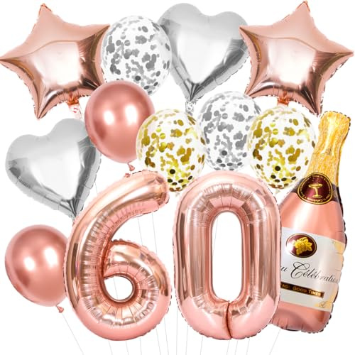 Deko 60. Geburtstag Frauen Roségold, 60. Geburtstag Deko Set, Rosegold Zahlen Luftballon 60 XXL, Helium Folienballon Konfetti Luftballon für Frau 60 Jahre Party Deko