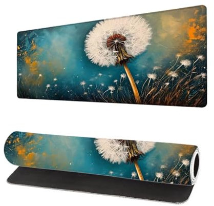 Alfombrilla Ratón XXL Gaming 900x400x3mm, Alfombrilla de Ratón Grande Diente de León, Mouse Pad Azul con Bordes Cosidos, Extendida Base de Goma Antideslizante Tapete Rato y Desk Mat para Casa I-7