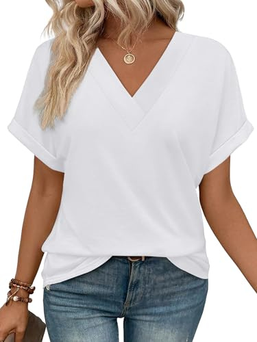 WIHOLL Womens Tops Tunic Plus Size Clothes 2026 Summer Spring Trendy Short Sleeve Shirts V Neck Flowy Blouses White 3XL