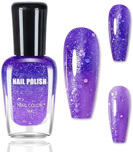 Thermo Nagellack Farbwechsel, Hoch Pigmentiert Nagelack Lila, Schnelltrocknender Glitzer Nagellack, Temperaturgesteuerter Nail Polish Geschenk Für Frauen Mädchen, 7 Ml