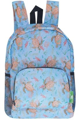 ECO CHIC Lightweight Foldable Water Resistant Mini Backpack Folds Into Pouch for Storage (Sea Turtles Blue)