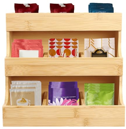 Big Natural Bambus Teedose Teebeutel Aufbewahrung Organizer Teebox Tee Box tea für Organizer 9 Fächer 3 Etagen Trapezförmig Holzfarbe Sparen Sie Platz