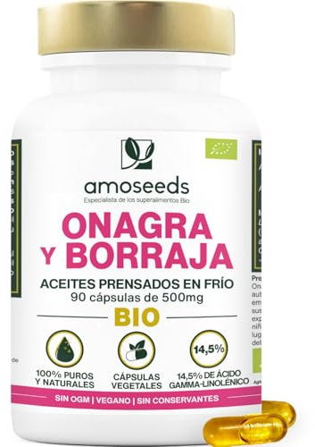 Aceite de Onagra y Borraja BIO | Primera presión en frío | 14,5% de ácido gamma-linolénico | 90 cápsulas vegetales, veganas | Primera Superior
