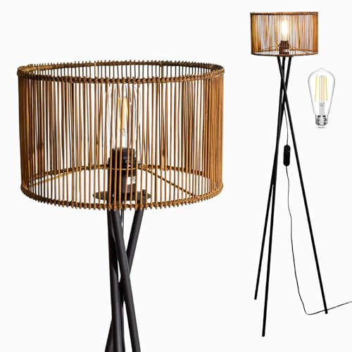 Osasy Stehlampe boho rattan, dimmbar,skandinavisch wohnzimmer lampe | e27,stehlampen dreibein,Vintage Standlampe Beleuchtung, Design, Möbel-Highlight