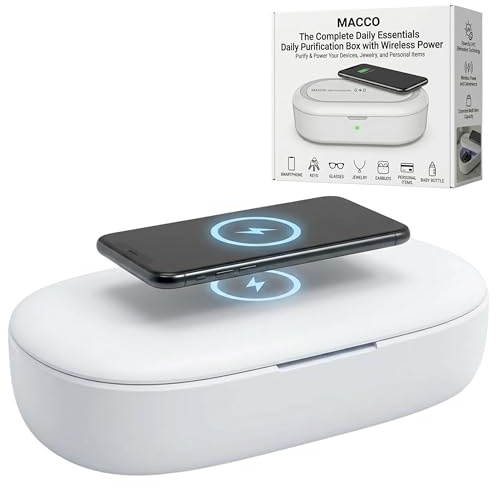 Macco Disinfettante UV per smartphone e caricabatterie universale per telefono cellulare, disinfezione UV-C a 360 gradi, disinfetta e ricarica tutti i telefoni (bianco)