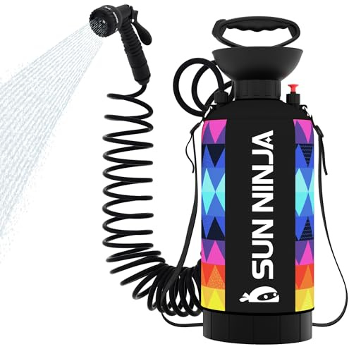 SUN NINJA Portable Shower, 2.1Gal Camping Shower with 7 Mode Shower Head, Neoprene Cover Helps Keep Water Warm, High Pressure Hose, Easy to Carry, Multi-Color