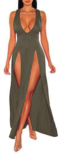 Robe Fendue Femme Deep V, Robe Ete Femme sans Manches Longue Sexy Couleur Unie Coupe Slim Ourlet Ample Chic Et Élégants Hot Luxe Charme Mature Tempérament Dress Confortable pour Clubbing Party