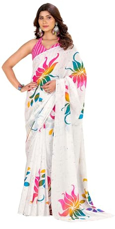 Kalaanj Sari Mujer || Sari de algodón estampado con blusa (KALSS25SAR-2101-2104), Blanco, Talla única
