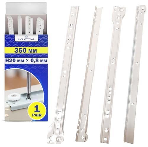 1 Par Guias Correderas para Cajones 350 mm H20 mm x 0,8 mm - Blancas Rieles para Cajones Tienen una Extensión Parcial de 283 mm - Garantía de 10 Años - MONTERAL