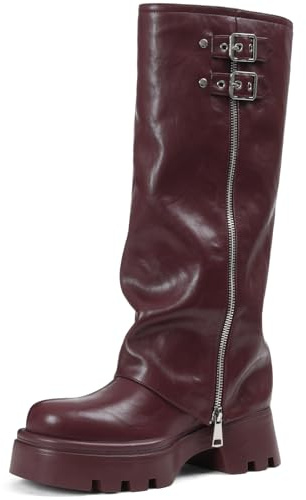 Phefarer Women Fold Over Knee High Platform Chunky Combat Riding Boots